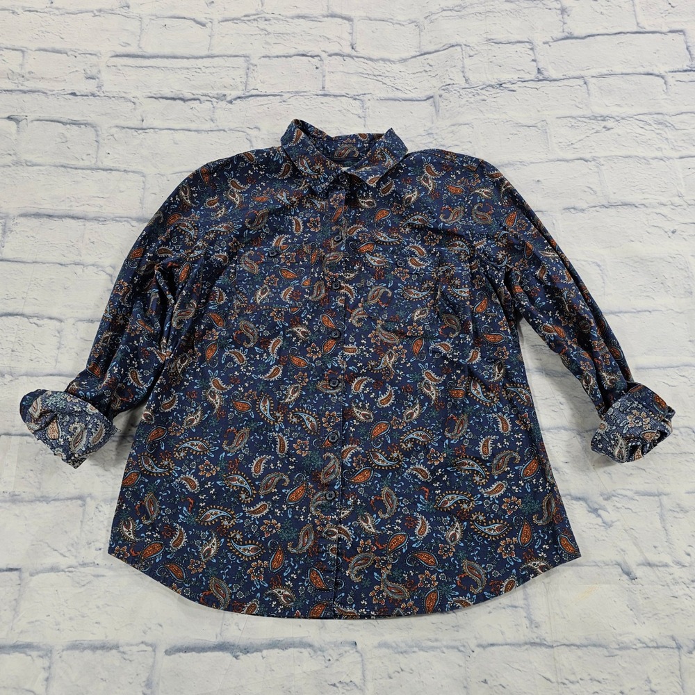 Croft & Barrow Button Shirt WOMENS PXS Blue Paisley Stretch Long Sleeve Top